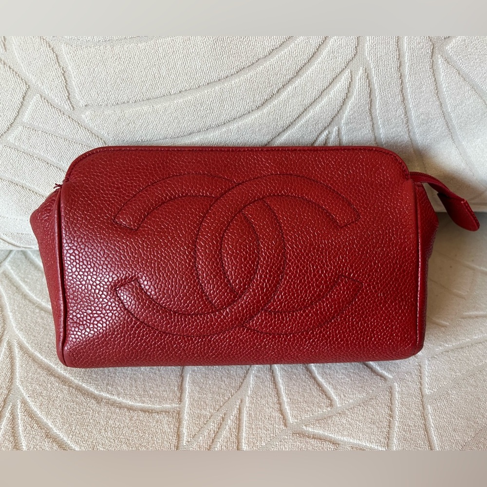 CHANEL Red Caviar Vintage Leather Clutch or Make up pouch